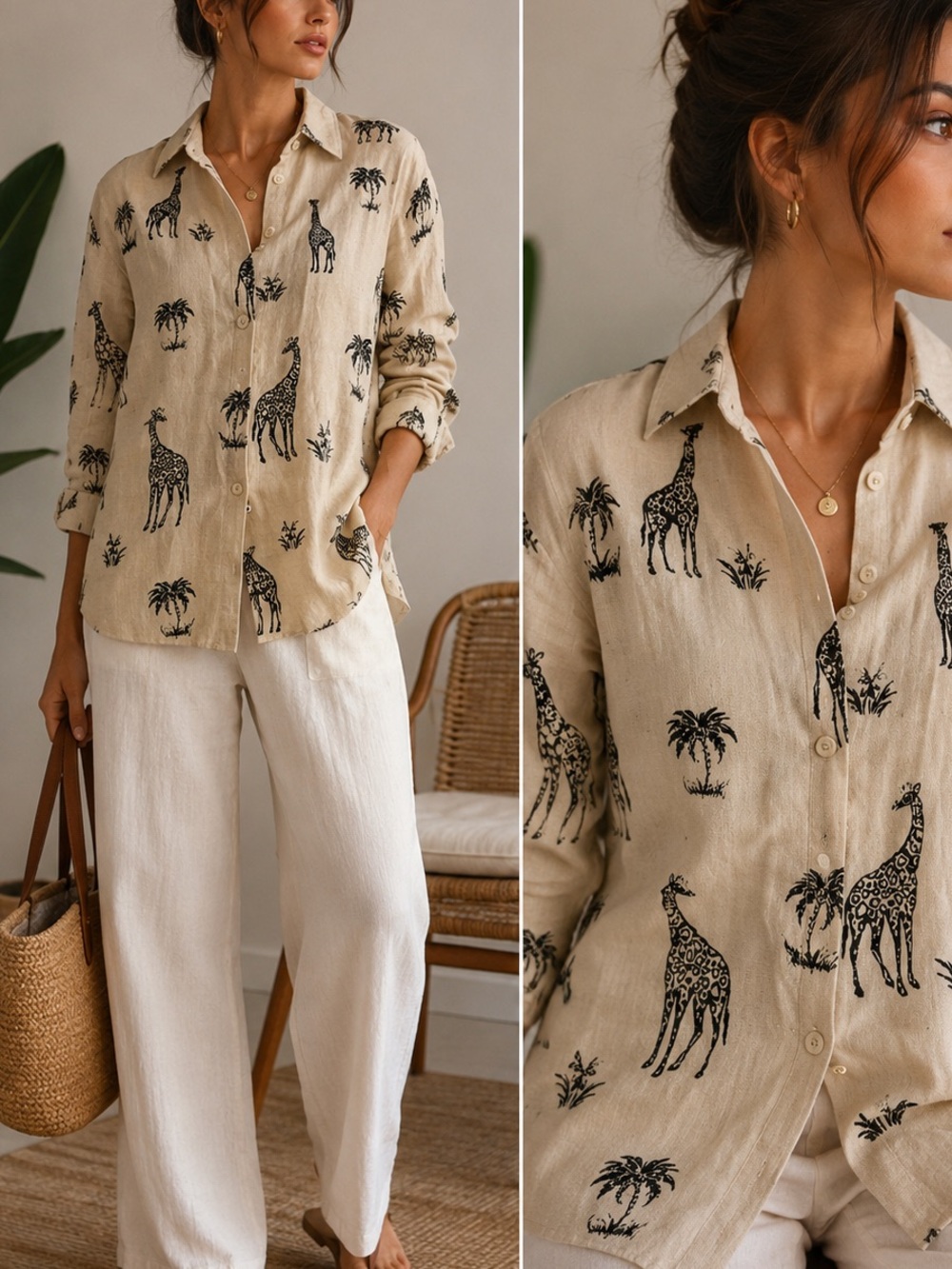 EUC NYCC Beige Giraffe Print Button-Up Shirt🦒🤎